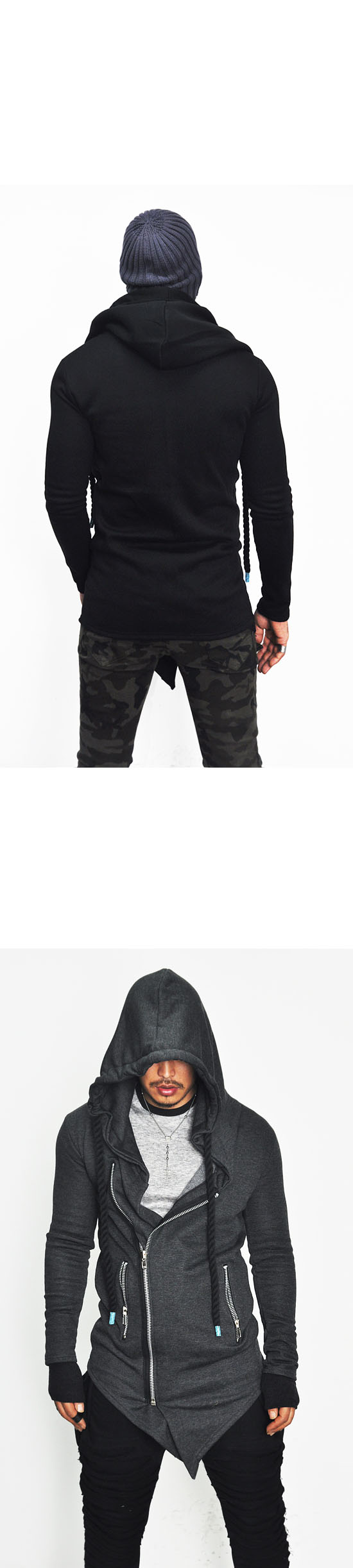 Diagonal Haute Couture Men's Big Hood Designer Long Rope Jacket Hoodie